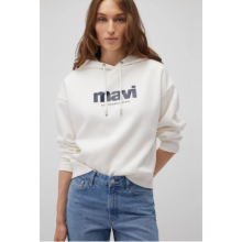 Mavi Logo Baskılı Kapüşonlu Ekru Sweatshirt